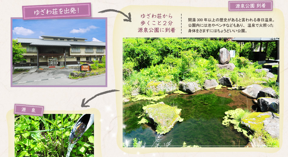 ゆざわ荘出発、源泉公園到着